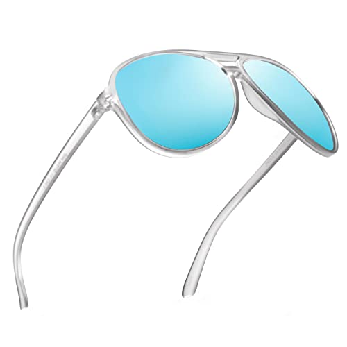 JIM HALO Polarisiert Flieger Sonnenbrille Damen Herren Oversize Plastik Fahren Gläser(Matter transparenter Rahmen/Polarisierte blaue Linse) von JIM HALO