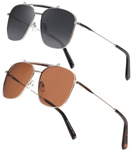 JIM HALO Polarisiert Pilot Übergröße Sonnenbrille Herren Damen, Quadratische Retro Metallrahmen UV400 Schwarz + Braun von JIM HALO