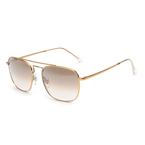 JIM HALO Quadratische Pilotensonnenbrille im Retro-Stil Premium Glass Lens Flat Metal Eyewear Herren Damen (Gold/Gradient Braun) von JIM HALO