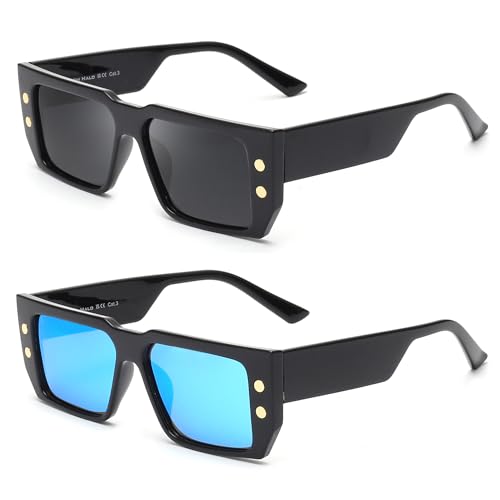 JIM HALO Rechteck Sonnenbrille Herren Damen Trendy Retro Polarisierte Fahrbrille Jahre Vintage Mode Schmaler Quadratischer Rahmen Schwarz & Blau von JIM HALO