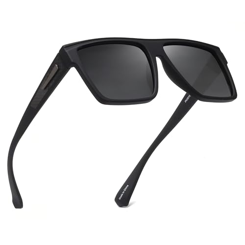 JIM HALO Retro Polarisierte Sonnenbrille Männer Frauen Flat Top Square Brille (Mattschwarzer Rahmen/Polarisierte Graue Linse) von JIM HALO
