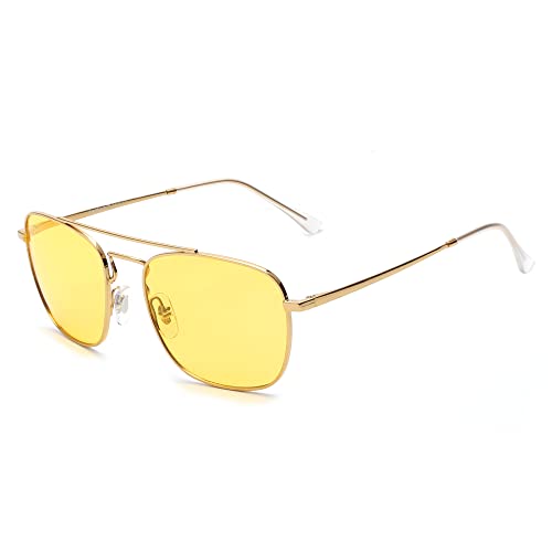 JIM HALO Retro Quadratisch Pilot Sonnenbrille Nacht Fahren Linse Flache Metallbrille Männer Frauen Gold von JIM HALO