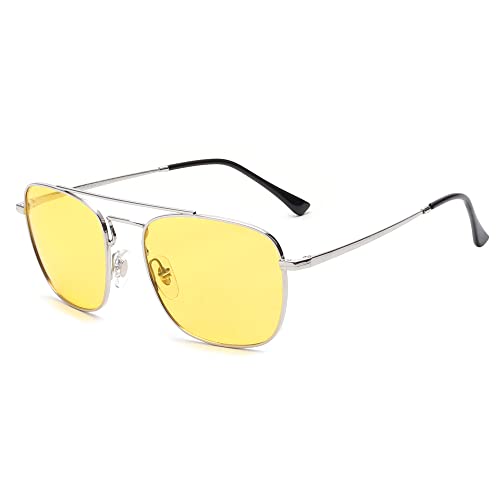 JIM HALO Retro Quadratisch Pilot Sonnenbrille Nacht Fahren Linse Flache Metallbrille Männer Frauen Silber von JIM HALO