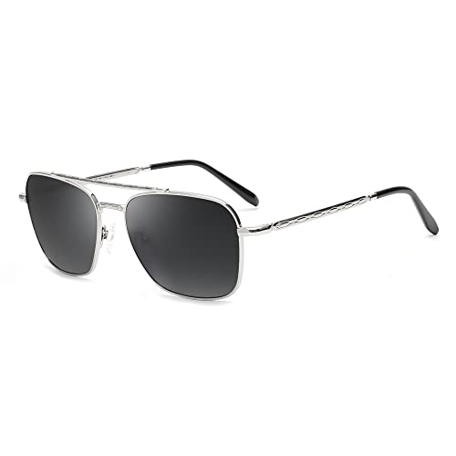 JIM HALO Retro Quadratische Pilot Sonnenbrille Premium Glas Linse Flache Metall Brillen Männer Frauen Silber/Grau von JIM HALO