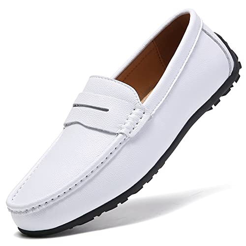 JINDELI Herren Leder Casual Slip on Loafer Fahren Walking Schuhe, 891 White, 43 EU von JINDELI
