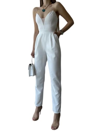 JINGBDO Jumpsuits Für Frauensexy Trägerlosem Rücken Schlanker Jumpsuit Damen Fashion V Hals Halfter Jumpsuit Elegante Stifte Hosen Set Set-01 Weiß-M von JINGBDO