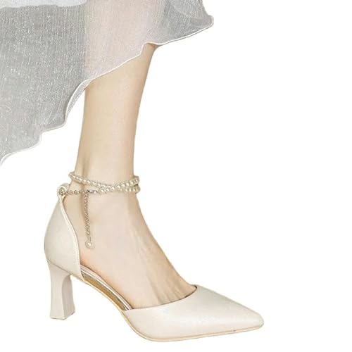 Klassische Damen-Absätzeweißer Knöchel Perlengurt Design Mode High Heels Feine Hochheelte Elegante Brautschuhe Kleiderschuhe von JINGBDO