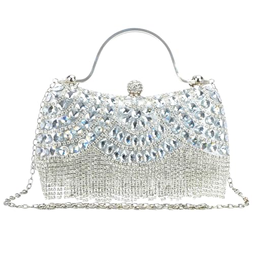 JINGIHE Clutch-Geldbörse mit Strasssteinen für Damen, glitzernde, formelle Abend-Diamant-Handtaschen mit Kristallquastenkette, silberfarbene Designer-Umhängetasche für Hochzeit, Cocktailparty von JINGIHE