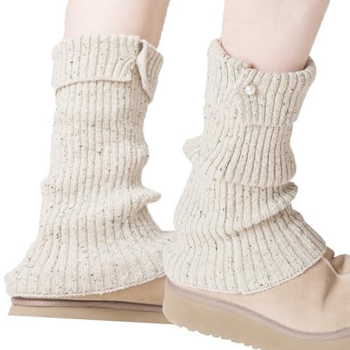 JINGTOPS Winter Stulpen Damen Leg Warmers Y2k,Weiches BeinwäRmerband Aus Wolle,Stulpensocken Damen Mit PerlmuttknöPfen,Stilvolle HäKelarbeit Aus Gestricktem Beinstulpen Khaki,In EinheitsgrößE von JINGTOPS