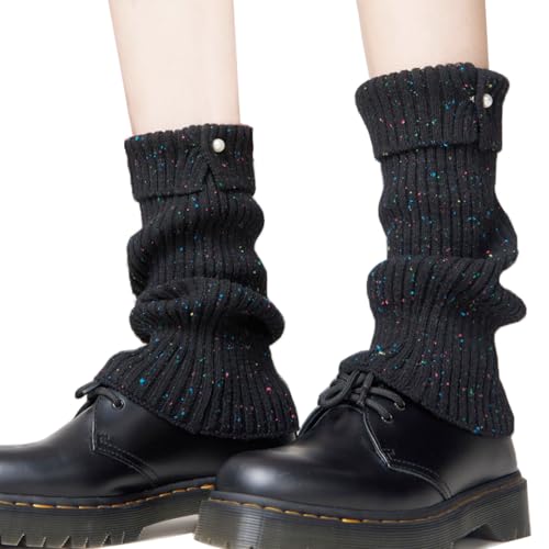 JINGTOPS Winter Stulpen Damen Leg Warmers Y2k,Weiches BeinwäRmerband Aus Wolle,Stulpensocken Damen Mit PerlmuttknöPfen,Stilvolle HäKelarbeit Aus Gestricktem Beinstulpen Schwarz,In EinheitsgrößE von JINGTOPS