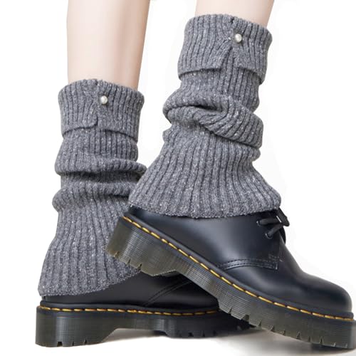 JINGTOPS Winter Stulpen Damen Leg Warmers Y2k,Weiches BeinwäRmerband Aus Wolle,Stulpensocken Damen Mit PerlmuttknöPfen,Stilvolle HäKelarbeit Aus Gestricktem Beinstulpen grau,In EinheitsgrößE von JINGTOPS