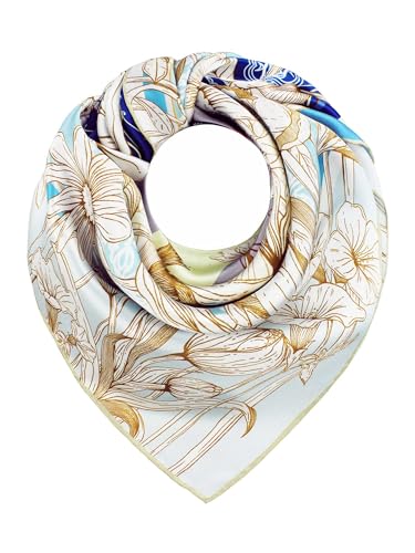 JINGarten Damen handrolliertes Seidentuch, 100% Seide, 87 x 87 cm, Seidenhalstuch, Seidenschal – Geschenke der Natur (Pracht der Wildblumen, Himmelblau) von JINGarten