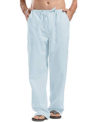 JINIDU Herren Baumwoll Leinenhose Loose Fit Leichte elastische Taille Yoga Strandhose, 1- Himmelblau, L von JINIDU