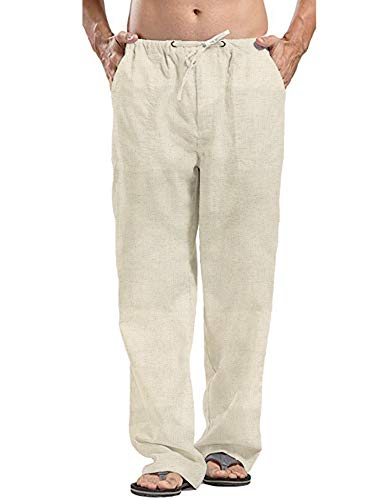 JINIDU Herren Baumwoll Leinenhose Loose Fit Leichte elastische Taille Yoga Strandhose, 1- Khaki, XXL von JINIDU