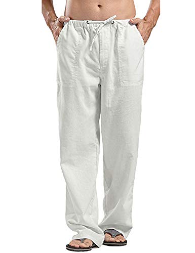 JINIDU Herren Leinen Freizeithose Loose Fit Summer Beach Pants Urlaub Groß und Groß, 1- Weiß, S von JINIDU