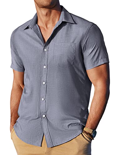 JINIDU Herren-Leinenhemd, kurzärmelig, Button-Down-Shirt, Strand, Freizeitkleid, Grau, Blau, XL von JINIDU