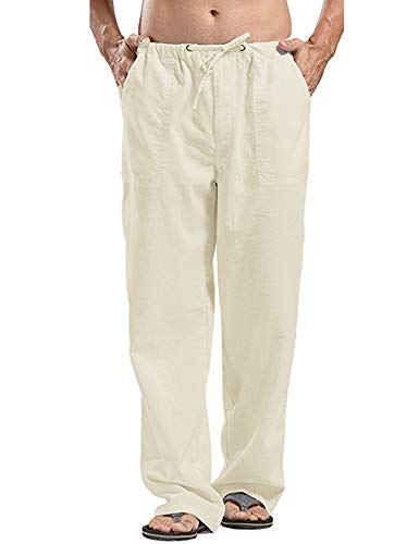 JINIDU Männer Cotton Yoga Beach Coole Lange Hosen Stretchy Drawstring Taillenhose, 1- Leichtes Khaki, M von JINIDU