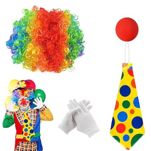 JINJUMEI 5 Stück Clown Kostüm Accessoire, Clown Kostüm Damen Herren Clown Lockenperücke Clown Nase Weiß Handschuhe Bunte Krawatte Clown Kostümzubehör für Arty Event, Karnevals Kostüm Cosplay von JINJUMEI