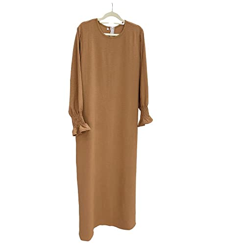 JINLLC Damen Gebetskleid Ramadan islamische muslimische Kleidung Lange Ärmel Abaya Kleid Einfarbig Türkischer Robe Dubai Outfits, khaki, L von JINLLC