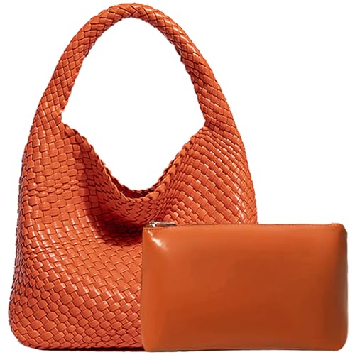 JINMANXUE Damen-Handtasche aus veganem Leder, handgewebt, modische Schultertasche, Top-Griff, All-Match-Unterarmtasche mit Geldbörse, Orange/Abendrot im Zickzackmuster (Sunset Chevron) von JINMANXUE