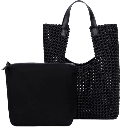 JINMANXUE Leder Satin Gewebt Tote Tasche für Frauen Aushöhlen Handtasche 2 Pcs Set Weibliche Umhängetasche Shopper Tasche Mode Kupplung, Schwarz von JINMANXUE