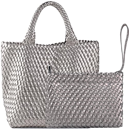 JINMANXUE Mode Gewebte Tasche Shopper Tasche Reise Handtaschen und Geldbörsen Frauen Tote Bag Große Kapazität Schulter Taschen, Gun Silver, Large von JINMANXUE