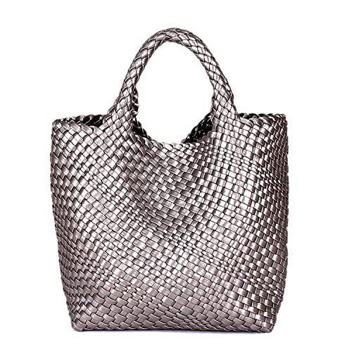 JINMANXUE Mode Gewebte Tasche Shopper Tasche Reise Handtaschen und Geldbörsen Frauen Tote Bag Große Kapazität Schulter Taschen, Gun Silver, Large von JINMANXUE