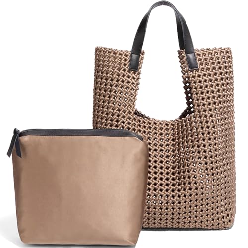 Leder Satin Gewebt Tote Tasche für Frauen Aushöhlen Handtasche 2 Pcs Set Weibliche Umhängetasche Shopper Tasche Mode Kupplung, Champagner von JINMANXUE