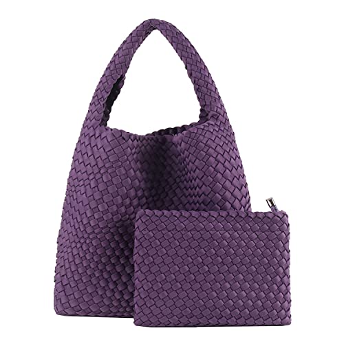 Modische gewebte Geldbörse für Damen, Tragegriff oben, Neopren, Hobo-Tragetasche, Retro-Handgelenktasche, Reisehandtasche, Arbeit, Einkaufen, Alltag, Dunkles Violett von JINMANXUE