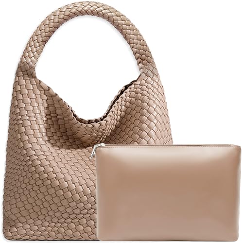 Women Vegan Leather Hand-Woven Tote Handbag Fashion Shoulder Top-handle Bag All-Match Underarm Bag with Purse (Apricot) von JINMANXUE