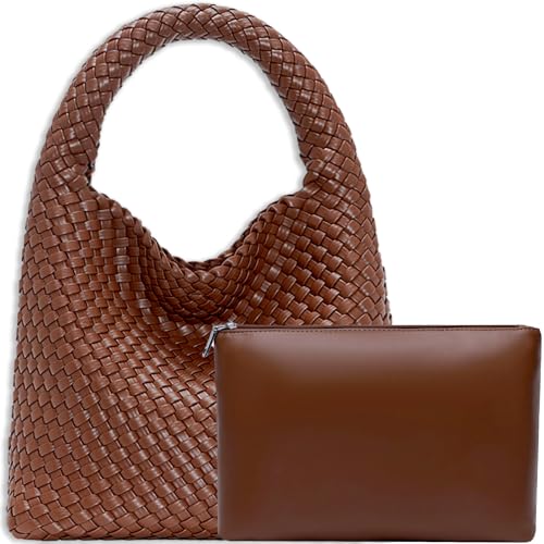 Women Vegan Leather Hand-Woven Tote Handbag Fashion Shoulder Top-handle Bag All-Match Underarm Bag with Purse (Brown) von JINMANXUE