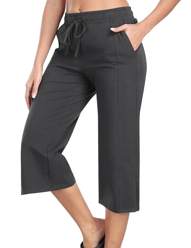 JINSHI Damen 3/4 Hose Sommer Caprihose Baumwolle Freizeithose Jogginghose Outdoorhose Yoga Sporthose Sweathose mit Tasche Dunkelgrau Größe US XL/EU 2XL von JINSHI