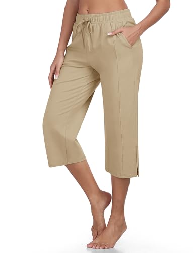 JINSHI Damen 3/4 Hose Sommer Caprihose Baumwolle Freizeithose Jogginghose Outdoorhose Yoga Sporthose Sweathose mit Tasche Khaki Größe US M/EU L von JINSHI