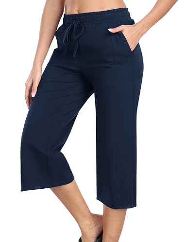 JINSHI Damen 3/4 Hose Sommer Caprihose Baumwolle Freizeithose Jogginghose Outdoorhose Yoga Sporthose Sweathose mit Tasche Marineblau Größe US XL/EU 2XL von JINSHI