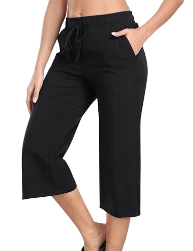JINSHI Damen 3/4 Hose Sommer Caprihose Baumwolle Freizeithose Jogginghose Outdoorhose Yoga Sporthose Sweathose mit Tasche Schwarz Größe US S/EU M von JINSHI