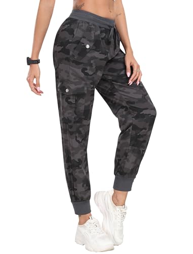 JINSHI Damen Cargohose Wanderhose Leichte Jogginghose Freizeithose Schnell Trocknende Trekkinghose Outdoorhose mit Taschen Tarnfarbe Grau Größe S von JINSHI