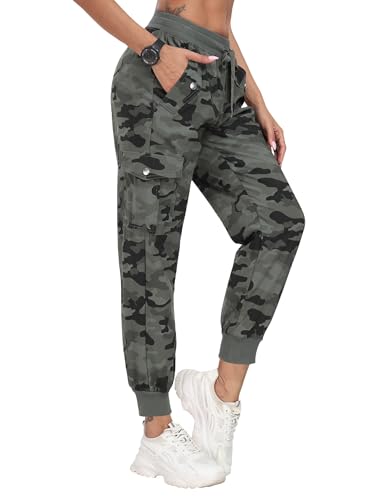 JINSHI Damen Cargohose Wanderhose Leichte Jogginghose Freizeithose Schnell Trocknende Trekkinghose Outdoorhose mit Taschen Tarnfarbe Grün Größe M von JINSHI