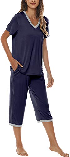 JINSHI Damen-Pyjama-Set, kurzärmeliges Oberteil und Caprihose, leicht, Nachtwäsche, bequemer Schlafanzug, Lounge-Set mit Taschen, Marineblau, M von JINSHI