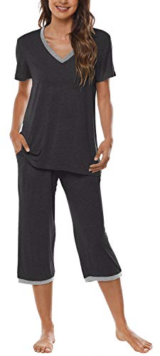 JINSHI Damen Pyjama Set Kurzarm Oberteil und Caprihose Leichte Nachtwäsche Bequeme Pjs Lounge Set mit Taschen, grau dunkel, M von JINSHI