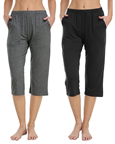 JINSHI Damen Pyjamahose 3/4 Lang Modal Weich Schlafanzughose Kurz Nachtwäsche Stretch Yogahose Freizeithose Schwarz &Grau Größe 2XL von JINSHI