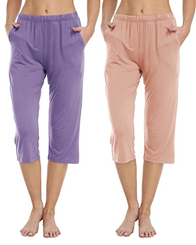 JINSHI Damen Pyjamahose Schlafanzughose 3/4 Lang Stretch Freizeithose Bequeme Leichte Lounge Hosen Sommerhose Rosa & Lila Größe 2XL von JINSHI