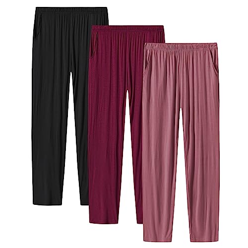 JINSHI Damen Pyjamahose Stretch Modal Pyjamahose Loungehose mit Taschen, Weinrot/Hellviolett/Schwarz., Medium von JINSHI