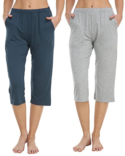 JINSHI Damen Schlafanzughose 3/4 Lang Pyjamahose Weich Modal Nachtwäsche Loungewear Schlafshorts Seeblau & Grau Größe S von JINSHI