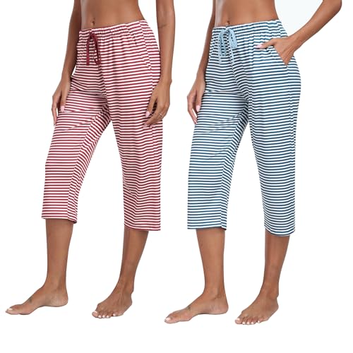 JINSHI Damen Schlafanzughose 3/4 Lang Pyjamahose Weich Schlafhosen Kurz Nachtwäsche Schlafshorts Gestreift Blau & Rot Größe M von JINSHI