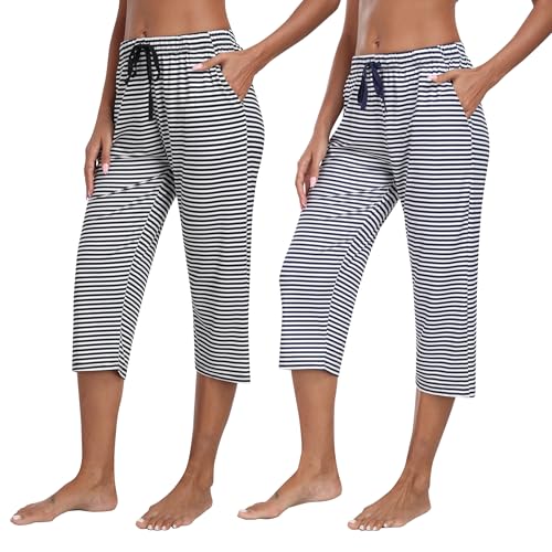 JINSHI Damen Schlafanzughose 3/4 Lang Pyjamahose Weich Schlafhosen Kurz Nachtwäsche Schlafshorts Gestreift Schwarz & Marineblau Größe S von JINSHI