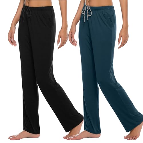 JINSHI Damen Schlafanzughose Lang Pyjama Hose Weich Modal Nachtwäsche Schlafhosen Freizeithosee Schwarz & Blau M von JINSHI