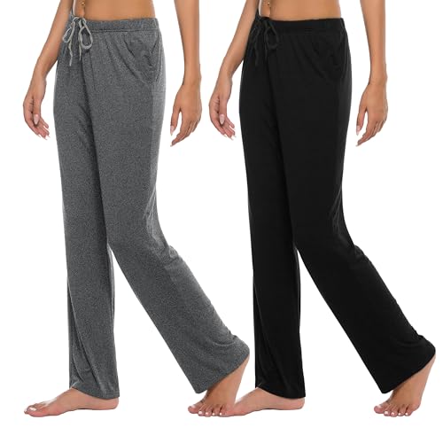 JINSHI Damen Schlafanzughose Lang Pyjama Hose Weich Modal Nachtwäsche Schlafhosen Freizeithosee Schwarz & Dunkelgrau XXL von JINSHI