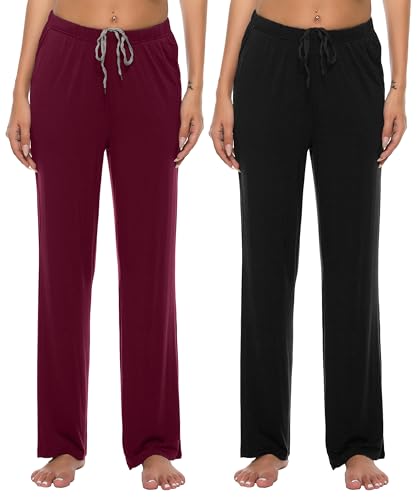 JINSHI Damen Schlafanzughose Lang Pyjama Hose Weich Modal Nachtwäsche Schlafhosen Freizeithosee Weinrot & Schwarz L von JINSHI