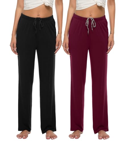 JINSHI Damen Schlafanzughose Lang Pyjama Hose Weich Modal Nachtwäsche Schlafhosen Freizeithosee Weinrot & Schwarz XXL von JINSHI