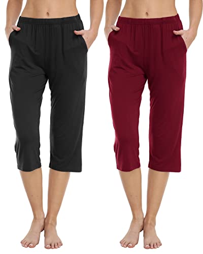 JINSHI Damen Schlafanzughose Modal Pyjamahose Nachtwäsche Kurz Freizeit Hose mit Taschen und Kordelzug Schwarz &Rot Größe M von JINSHI